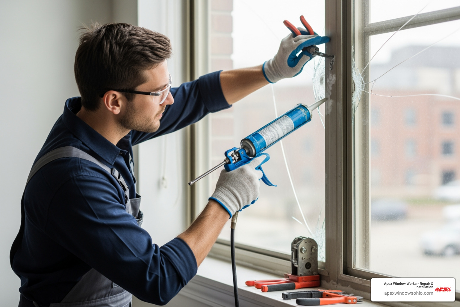 essential DIY window repair tools: putty knife, heat gun, heavy-duty gloves, safety goggles, tape measure, glazing points, and glazing compound - getting a window fixed