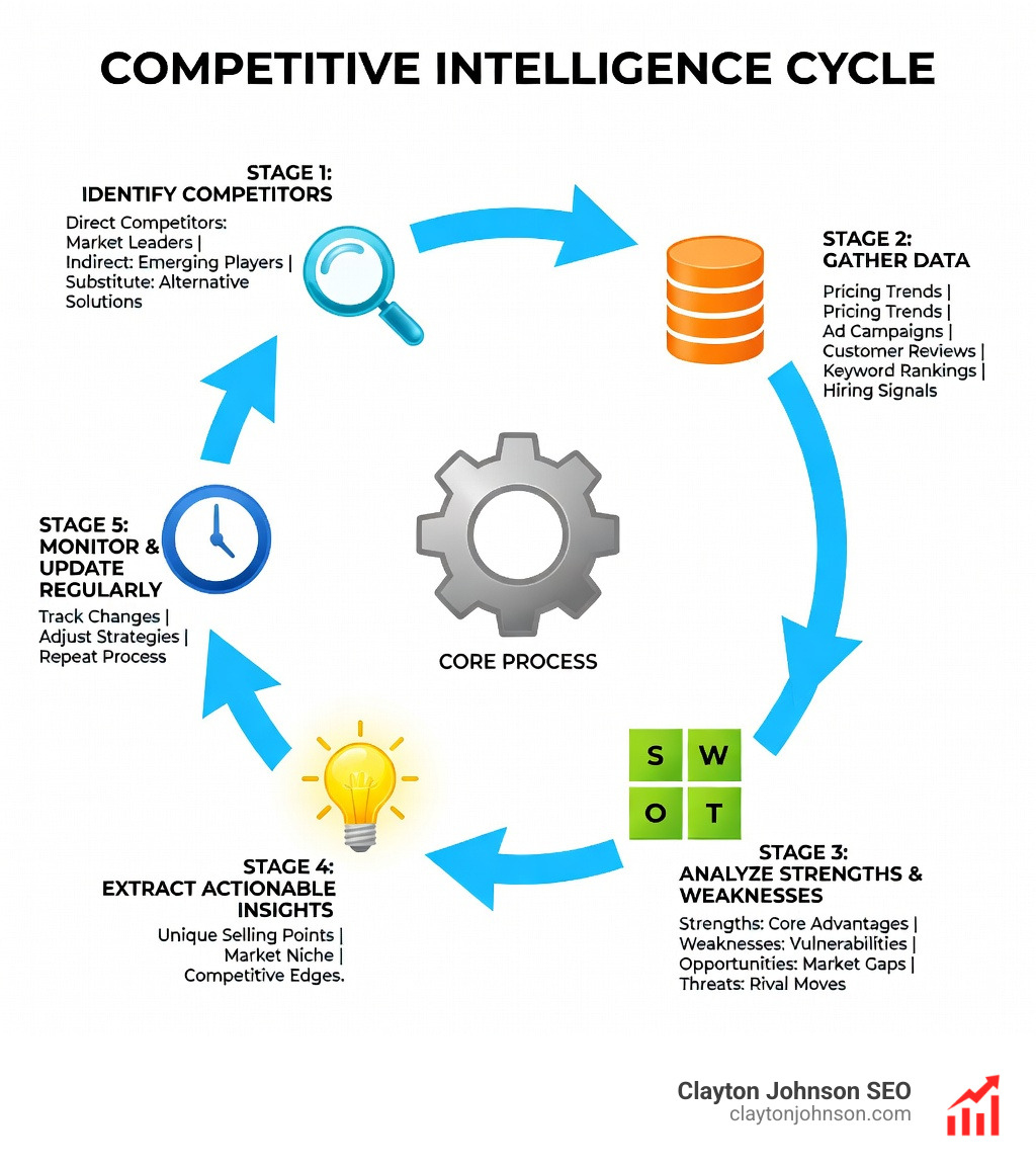 Competitive intelligence cycle infographic showing five stages: 1) Identify competitors (direct, indirect, substitute), 2) Gather data (pricing, marketing, reviews, SEO, job postings), 3) Analyze strengths and weaknesses (SWOT, matrix), 4) Extract actionable insights (differentiation, positioning, gaps), 5) Monitor and update regularly (quarterly or annually) — displayed as a circular loop with icons for each stage - Competitive Analysis infographic 