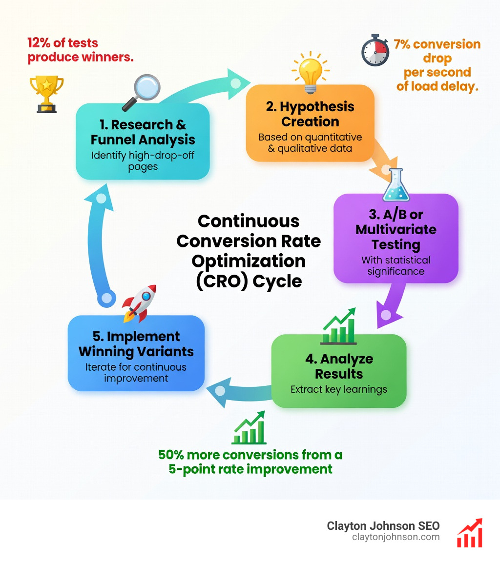 Infographic showing the continuous CRO cycle: step 1 Research and funnel analysis to identify high-drop-off pages, step 2 Hypothesis creation based on quantitative and qualitative data, step 3 A/B or multivariate testing with statistical significance, step 4 Analyze results and extract learnings, step 5 Implement winning variants and iterate, with arrows looping back to step 1 showing the continuous improvement cycle, alongside key stats: 12% of tests produce winners, 7% conversion drop per second of load delay, 50% more conversions from a 5-point rate improvement - Conversion Optimization infographic 