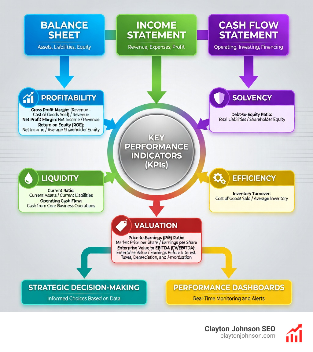 Infographic showing the flow of financial data from balance sheet, income statement, and cash flow statement into five KPI categories — profitability, liquidity, solvency, efficiency, and valuation — with example metrics listed under each category and arrows indicating how each feeds into strategic decision-making and performance dashboards - Financial Metrics infographic 