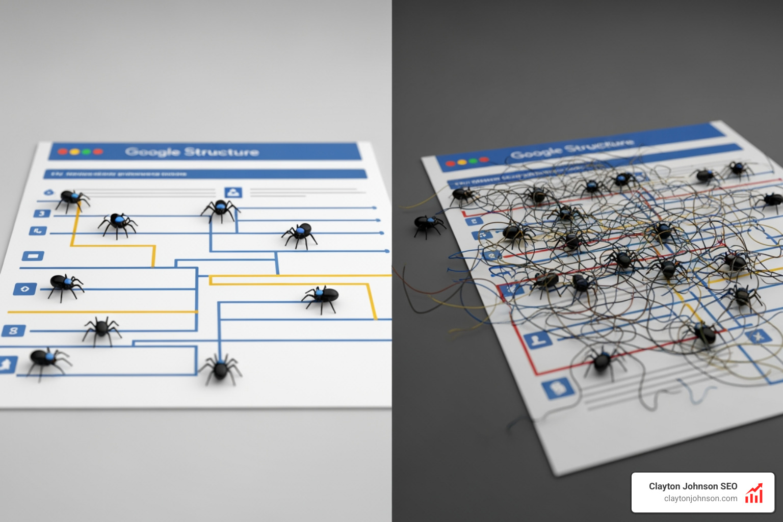 Crawl bots navigating a clean vs. messy site structure - taxonomy driven SEO strategy