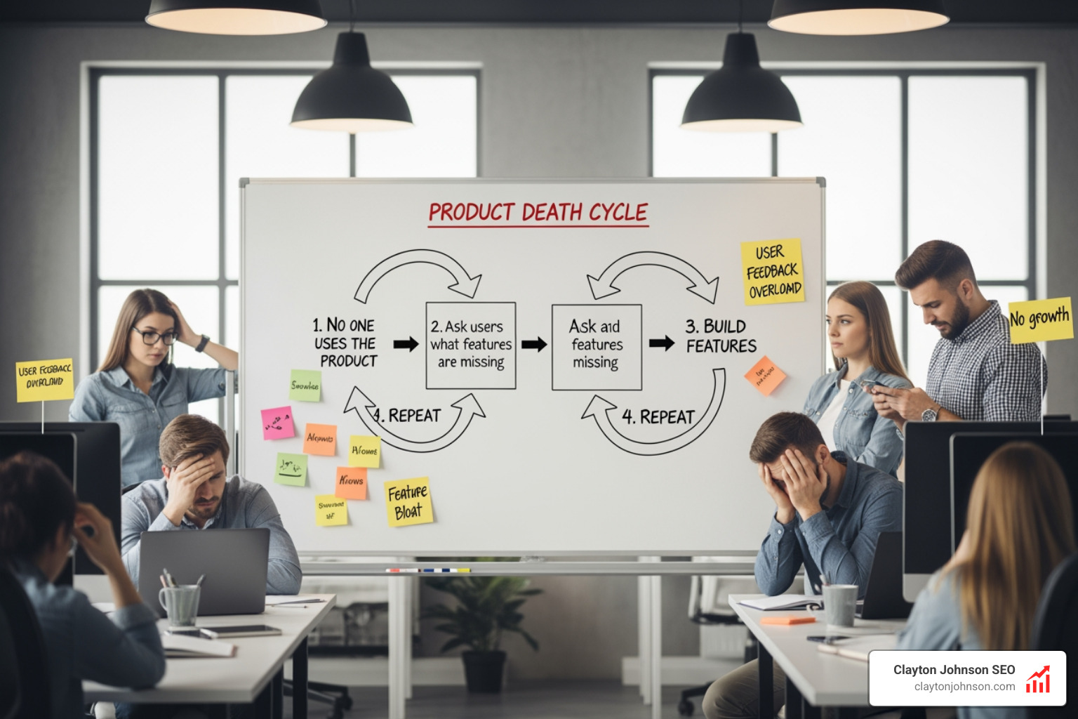 The Product Death Cycle: 1. No one uses the product; 2. Ask users what features are missing; 3. Build features; 4. Repeat; showing how adding features doesn't solve a lack of core Product Market Fit - Product Market Fit