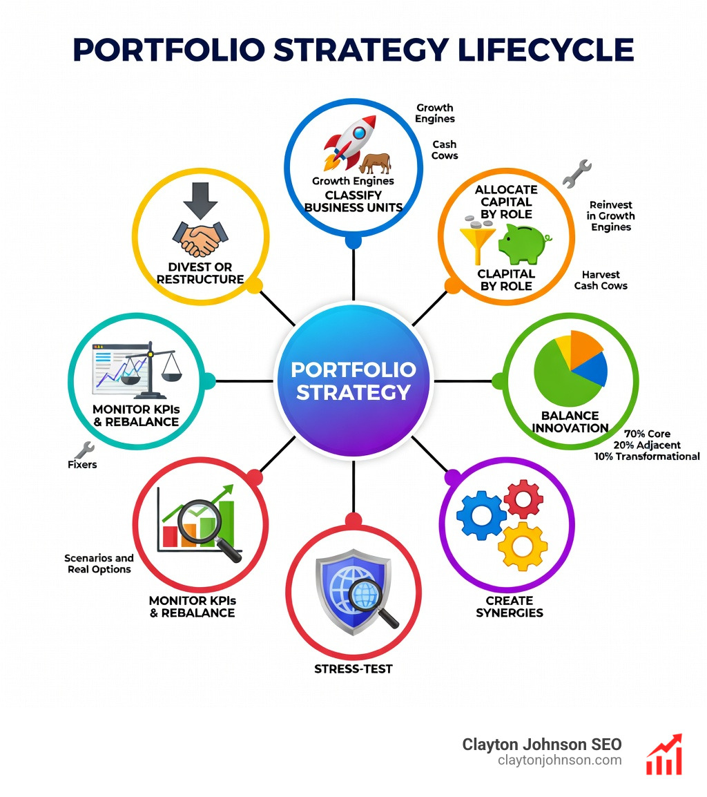 Infographic showing the Portfolio Strategy lifecycle: Step 1 - Classify Business Units (Growth Engines, Cash Cows, Fixers); Step 2 - Allocate Capital by Role with reinvestment rules; Step 3 - Balance Innovation using 70/20/10 across Core, Adjacent, Transformational; Step 4 - Create Synergies across horizontal, management, and portfolio system dimensions; Step 5 - Stress-Test with Scenarios and Real Options; Step 6 - Monitor KPIs and Rebalance Actively; Step 7 - Divest or Restructure underperforming assets - Portfolio Strategy infographic 