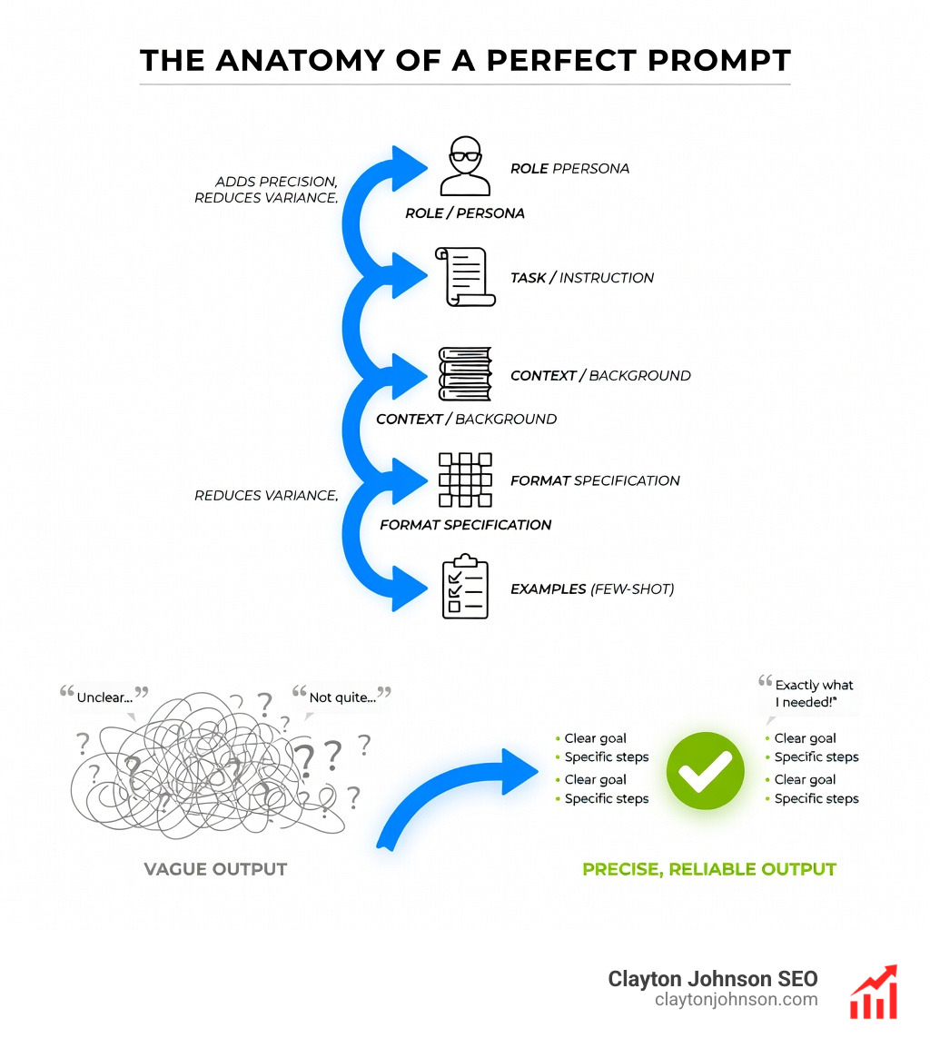 Infographic showing the anatomy of a perfect prompt: Role/Persona at the top feeding into Task/Instruction, then Context/Background, then Format specification, then Examples (few-shot), with arrows showing how each layer adds precision and reduces output variance, and a bottom row showing the outcome spectrum from vague output on the left to precise, reliable output on the right - Prompt Engineering infographic 