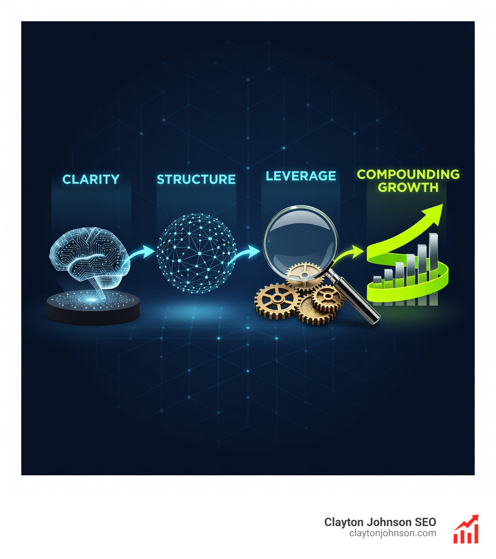 Infographic showing the growth architecture: Clarity leads to Structure, which creates Leverage, resulting in Compounding Growth - Portfolio Strategy infographic 