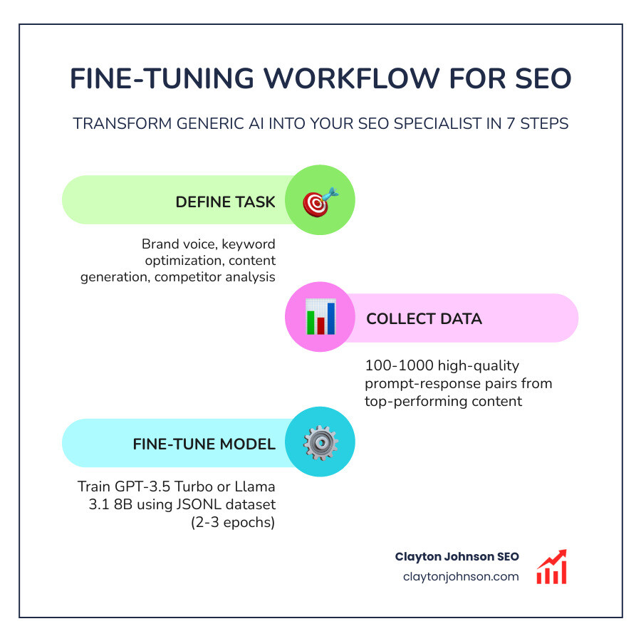 Infographic showing the fine-tuning workflow for SEO: Step 1 Define your SEO task (brand voice, keyword targeting, content generation), Step 2 Collect 100-1000 high-quality prompt-response pairs from top-performing content, Step 3 Fine-tune base model using JSONL-formatted dataset with 2-3 training epochs, Step 4 Validate with 5-10% holdout data and score outputs on tone, keywords, facts, and links, Step 5 Deploy fine-tuned model endpoint into CMS or content workflow, Step 6 Measure ROI via editing time saved, traffic lift, and F1 score, Step 7 Iterate quarterly to prevent SEO drift — with callout stats: 37% editing time reduction, $2-3 training cost for 8B Llama, 50-100 samples needed for noticeable improvement - fine tuned models SEO infographic infographic-line-3-steps-colors