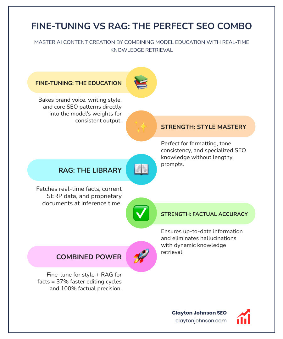 Infographic comparing RAG vs Fine-Tuning: Fine-Tuning (The Education) bakes brand voice, style, and SEO patterns into model weights, best for style and formatting; RAG (The Library) fetches real-time facts, SERP data, and proprietary docs at inference time, best for accuracy and up-to-date info. Combined approach: Fine-tune for style + RAG for facts = 37% faster editing and 100% factual accuracy. - fine tuned models SEO infographic infographic-line-5-steps-colors