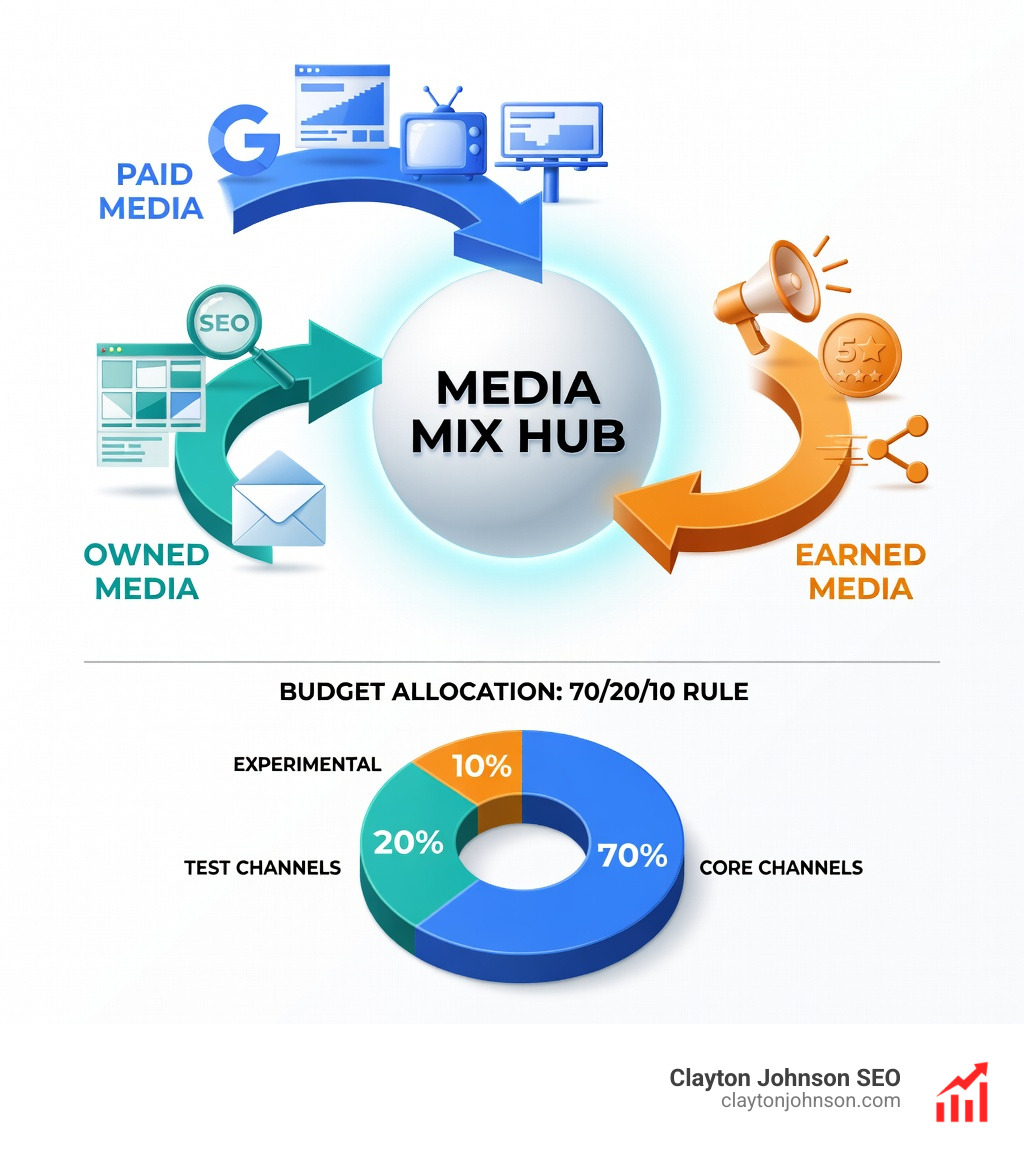 An infographic showing an omnichannel media mix with various icons for social, search, and traditional media - media plan steps infographic 