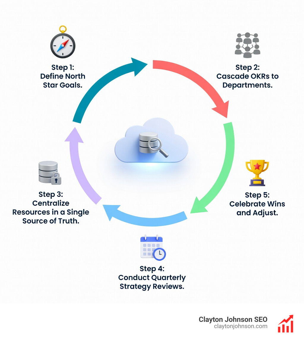 Infographic of the alignment roadmap: Step 1: Define North Star Goals; Step 2: Cascade OKRs to Departments; Step 3: Centralize Resources in a Single Source of Truth; Step 4: Conduct Quarterly Strategy Reviews; Step 5: Celebrate Wins and Adjust - Organizational Alignment infographic 