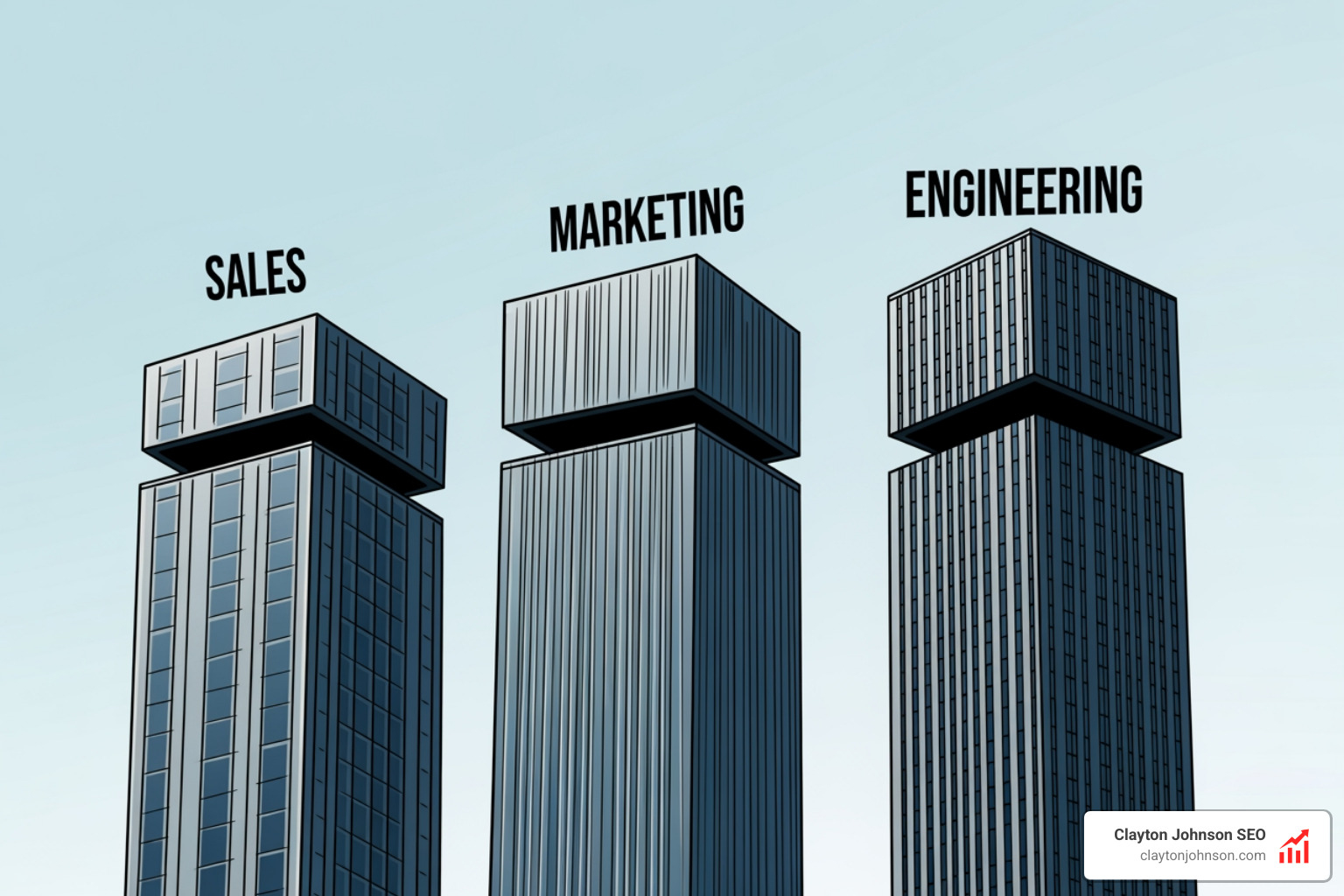 Siloed departments: Illustration of three separate towers (Sales, Marketing, Engineering) with no windows or doors between them, representing the lack of communication in a misaligned organization - Organizational Alignment