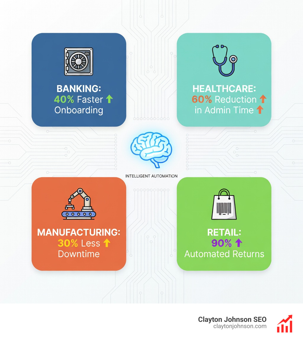 Infographic showing productivity gains across industries: Banking (40% faster onboarding), Healthcare (60% reduction in admin time), Manufacturing (30% less downtime), Retail (90% automated returns) - intelligent automation tools infographic 