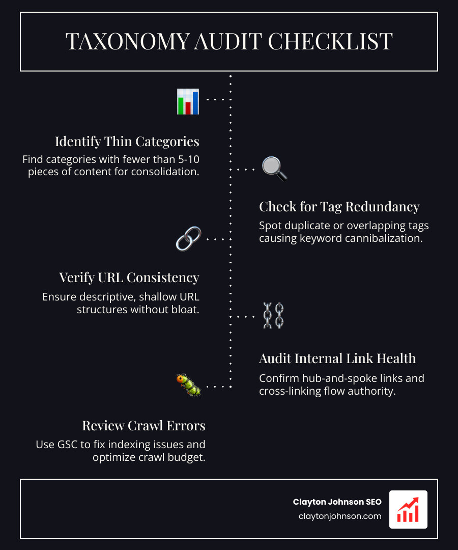 Infographic showing taxonomy audit checklist: 1. Identify thin categories, 2. Check for tag redundancy, 3. Verify URL consistency, 4. Audit internal link health, 5. Review crawl errors in GSC - taxonomy driven SEO strategy infographic infographic-line-5-steps-dark