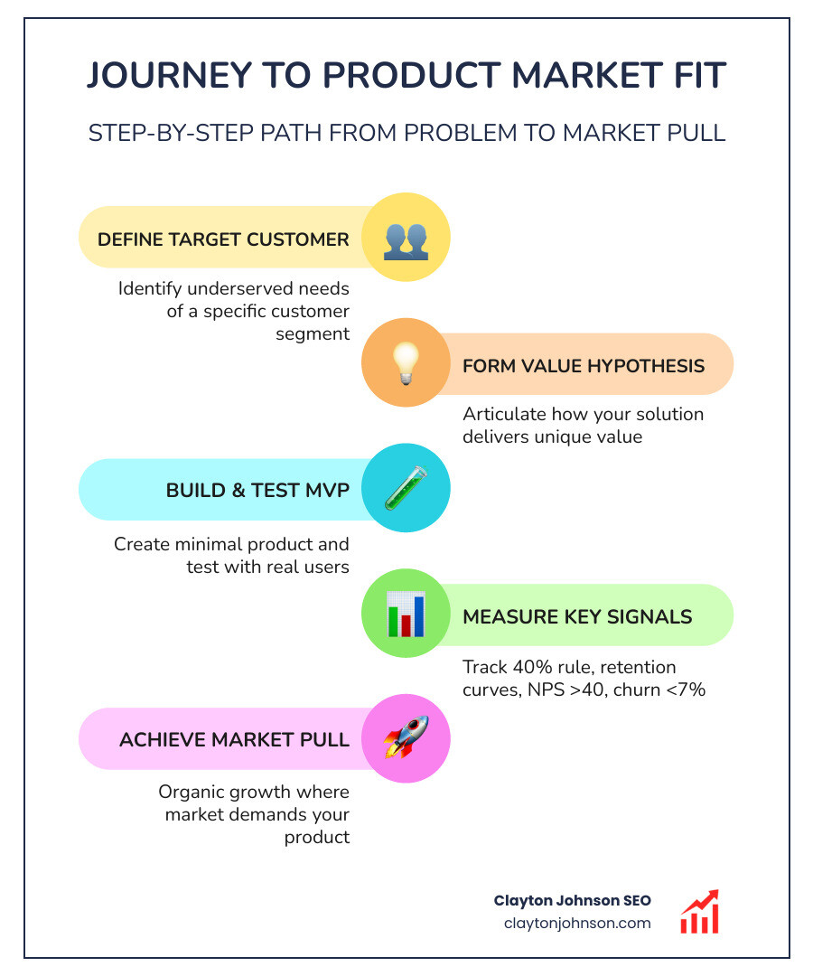 Infographic showing the journey from identifying a market problem to achieving Product Market Fit: Step 1 - Define target customer and their underserved needs; Step 2 - Form a value hypothesis and build an MVP; Step 3 - Test with real users and measure the 40% rule; Step 4 - Validate with retention curves, NPS, and organic growth signals; Step 5 - Achieve Product Market Fit when the market pulls the product forward; includes key metrics: churn rate below 5-7%, NPS above 40, 40% very disappointed threshold - Product Market Fit infographic infographic-line-5-steps-colors