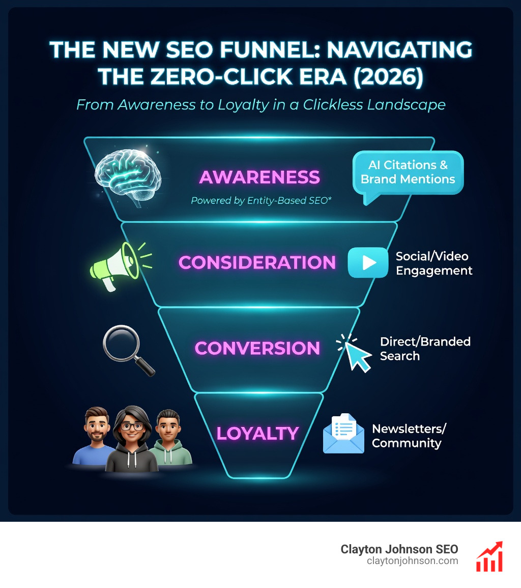 Infographic on the new SEO funnel: Awareness (AI Citations/Brand Mentions) → Consideration (Social/Video Engagement) → Conversion (Direct/Branded Search) → Loyalty (Newsletters/Community) - zero-click search traffic impact infographic 