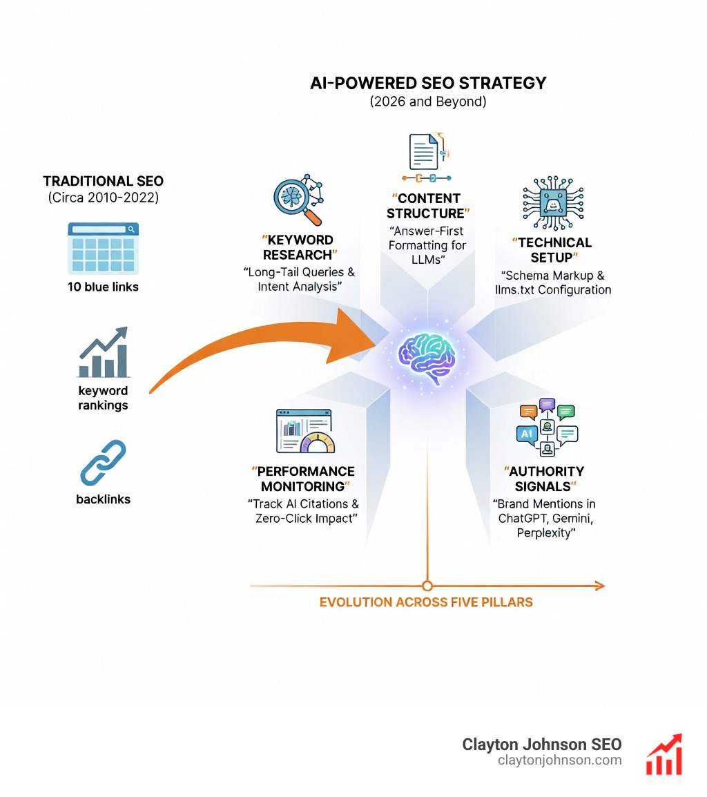 Infographic showing the shift from traditional SEO (10 blue links, keyword rankings, backlinks) to AI-powered SEO strategy (AI answer citations, entity recognition, LLM visibility, zero-click search, brand mentions across ChatGPT, Gemini, and Perplexity), with arrows indicating evolution across five pillars: keyword research, content structure, technical setup, authority signals, and performance monitoring - ai powered seo strategy infographic 