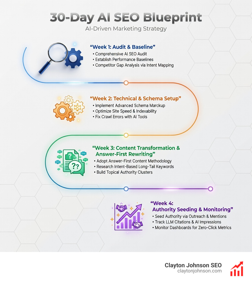 Infographic showing a 30-day AI SEO blueprint: Week 1 (Audit & Baseline), Week 2 (Technical & Schema Setup), Week 3 (Content Transformation & Answer-First Rewriting), Week 4 (Authority Seeding & Monitoring) - ai powered seo strategy infographic 