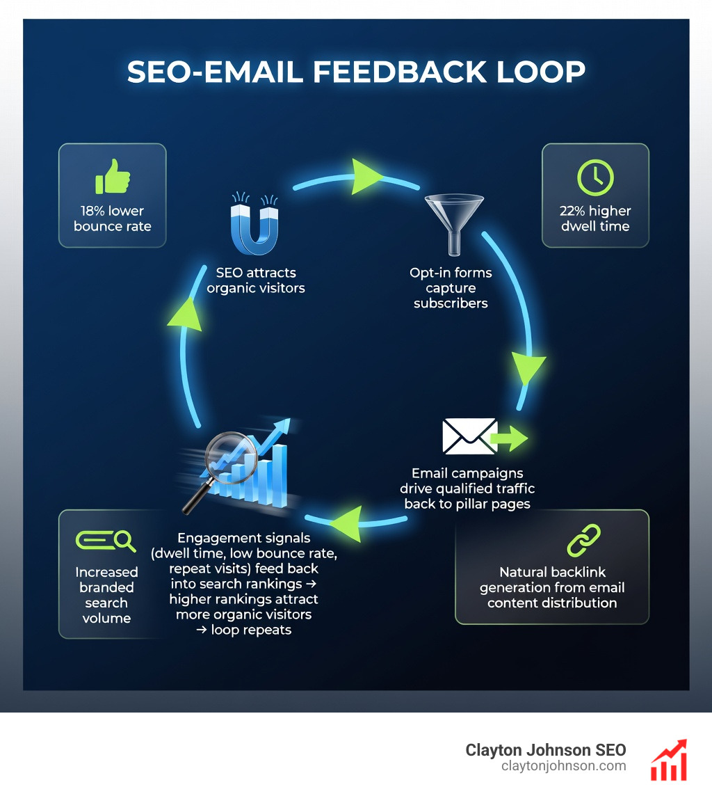 Infographic showing the SEO-Email feedback loop: SEO attracts organic visitors → opt-in forms capture subscribers → email campaigns drive qualified traffic back to pillar pages → engagement signals (dwell time, low bounce rate, repeat visits) feed back into search rankings → higher rankings attract more organic visitors → loop repeats; side panels show key metrics: 18% lower bounce rate, 22% higher dwell time, increased branded search volume, and natural backlink generation from email content distribution - SEO driven email campaigns infographic 