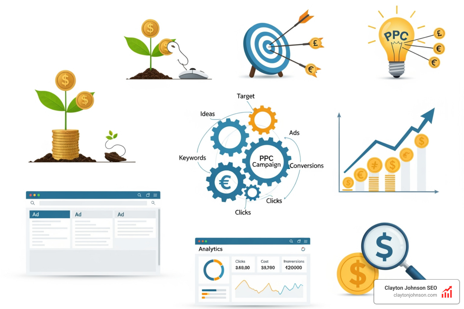 The digital ad auction process: User searches -> Auction triggered -> Google evaluates Bid + Quality Score -> Ad Rank calculated -> Ads displayed on SERP - pay per click advertising campaigns