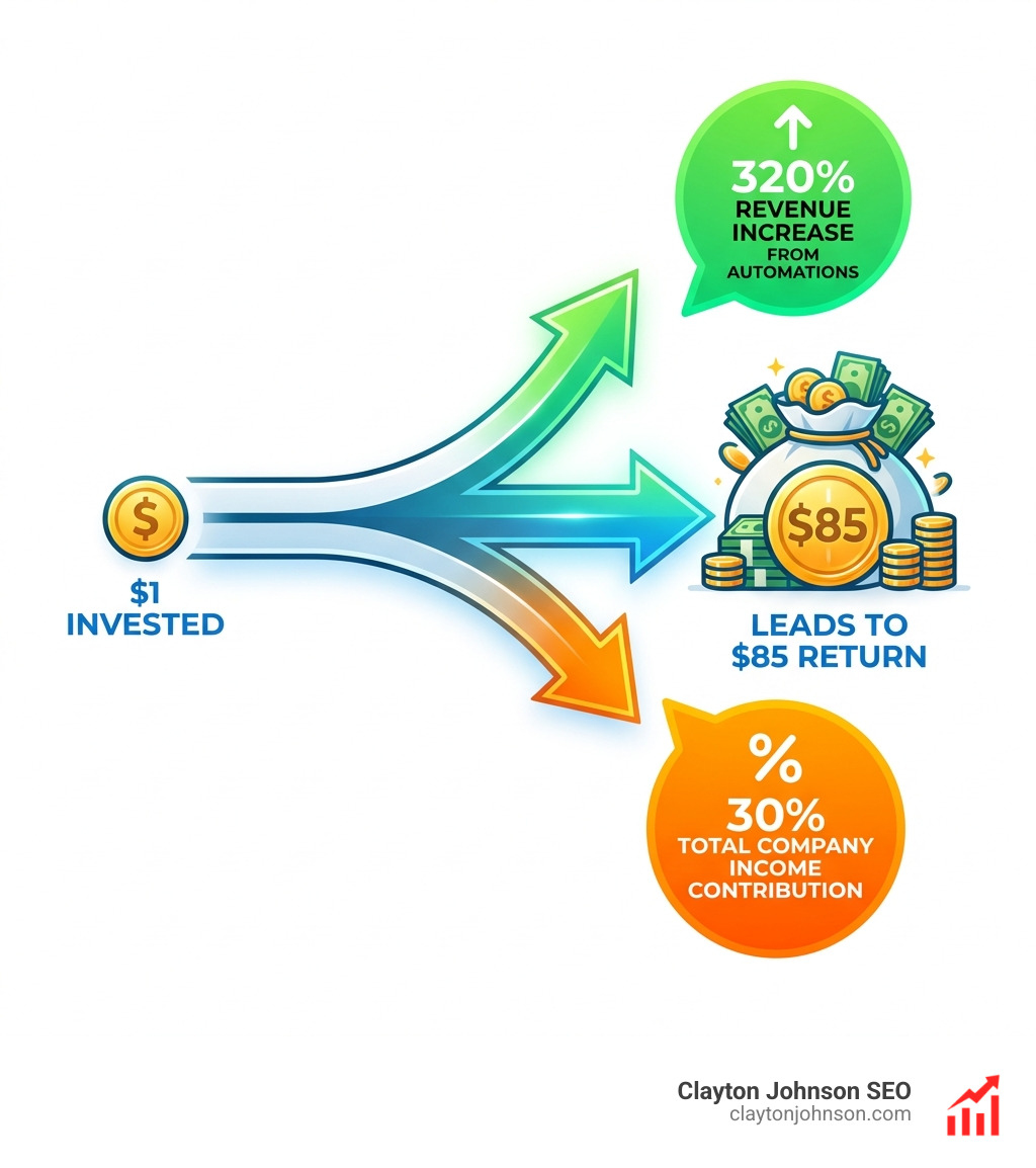 Infographic showing the ROI of email marketing: $1 invested leads to $85 return, with callouts for 320% revenue increase from automations and 30% total company income contribution - agency email service retainers infographic 