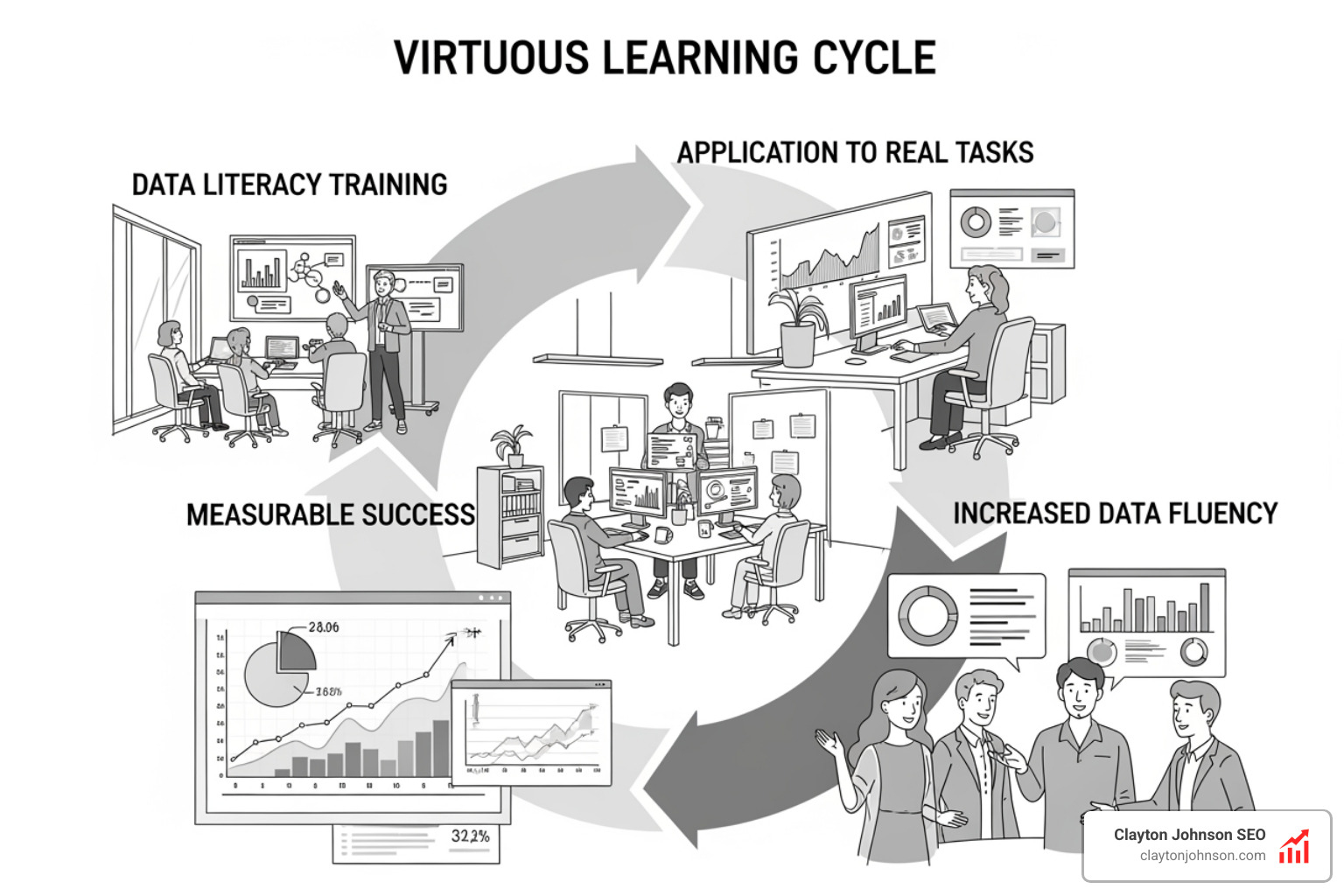 Graphic showing a 'Virtuous Learning Cycle': Data Literacy Training -> Application to Real Tasks -> Measurable Success -> Increased Data Fluency - Analytics & Data Strategy