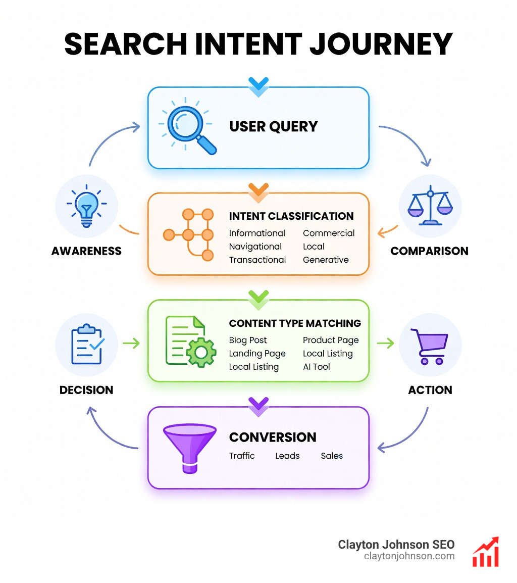 Infographic showing the search intent journey: from user query → intent classification (informational, navigational, commercial, transactional, local, generative) → content type matching → SERP alignment → user satisfaction → conversion; each stage connected by arrows with icons representing awareness, comparison, decision, and action - search intent targeting infographic Infographic showing the search intent journey: from user query → intent classification (informational, navigational, commercial, transactional, local, generative) → content type matching → SERP alignment → user satisfaction → conversion; each stage connected by arrows with icons representing awareness, comparison, decision, and action - search intent targeting infographic