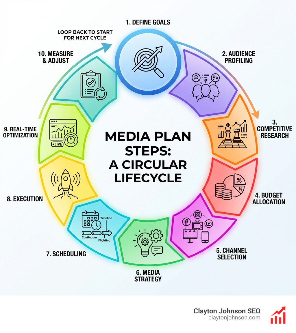 Infographic showing the 10 media plan steps as a circular lifecycle: starting with Define Goals flowing to Audience Profiling, then Competitive Research, Budget Allocation, Channel Selection, Media Strategy, Scheduling, Execution, Real-Time Optimization, and Measure and Adjust — with arrows showing each step feeding into the next and the final step looping back to Define Goals for the next campaign cycle - media plan steps infographic 