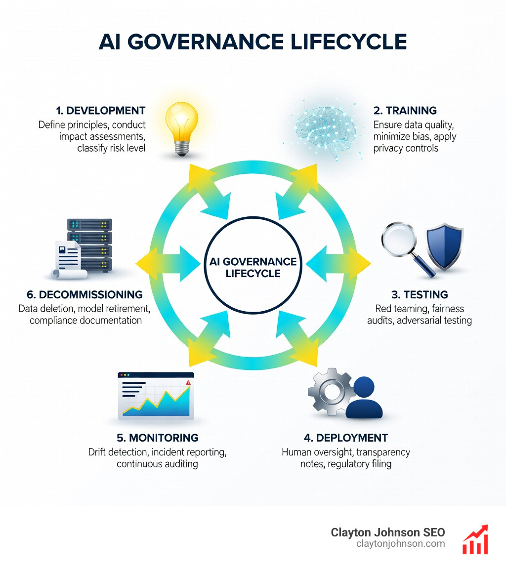 Infographic showing the AI Governance Lifecycle: 1. Development   define principles, conduct impact assessments, classify risk level; 2. Training   ensure data quality, minimize bias, apply privacy controls; 3. Testing   red teaming, fairness audits, adversarial testing; 4. Deployment   human oversight, transparency notes, regulatory filing; 5. Monitoring   drift detection, incident reporting, continuous auditing; 6. Decommissioning   data deletion, model retirement, compliance documentation - enterprise ai compliance ethics standards infographic 