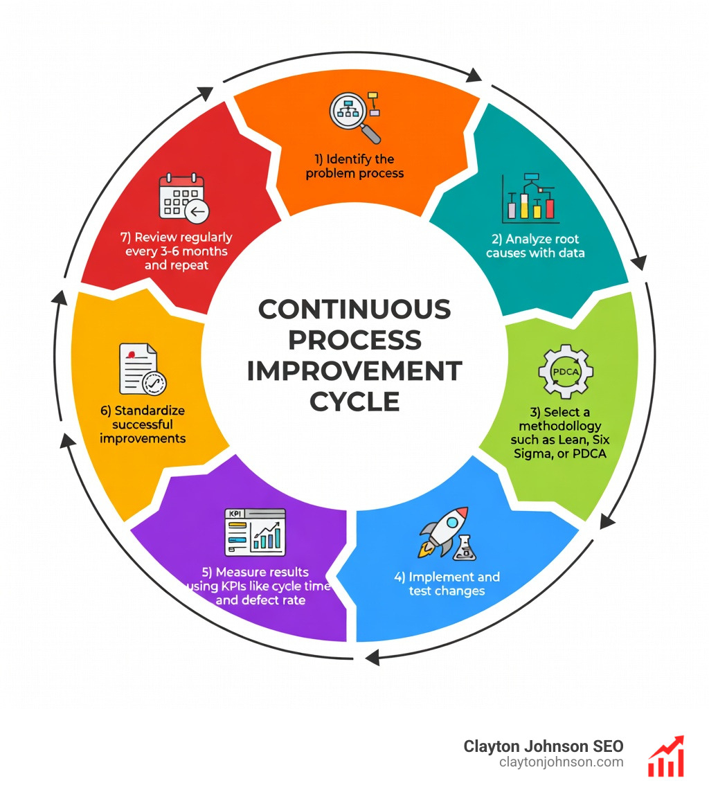 Infographic showing the continuous process improvement cycle: 1) Identify the problem process, 2) Analyze root causes with data, 3) Select a methodology such as Lean, Six Sigma, or PDCA, 4) Implement and test changes, 5) Measure results using KPIs like cycle time and defect rate, 6) Standardize successful improvements, 7) Review regularly every 3-6 months and repeat — displayed as a circular loop with icons for each step - Process Improvement infographic Infographic showing the continuous process improvement cycle: 1) Identify the problem process, 2) Analyze root causes with data, 3) Select a methodology such as Lean, Six Sigma, or PDCA, 4) Implement and test changes, 5) Measure results using KPIs like cycle time and defect rate, 6) Standardize successful improvements, 7) Review regularly every 3-6 months and repeat — displayed as a circular loop with icons for each step - Process Improvement infographic