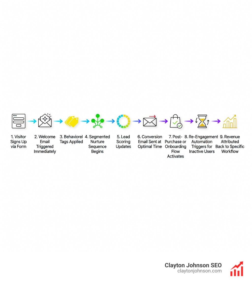 Infographic showing the email automation lifecycle: visitor signs up via form → welcome email triggered immediately → behavioral tags applied based on clicks and page views → segmented nurture sequence begins → lead scoring updates based on engagement → conversion email sent at optimal time → post-purchase or onboarding flow activates → re-engagement automation triggers for inactive users → revenue attributed back to specific workflow - best email automation service infographic 