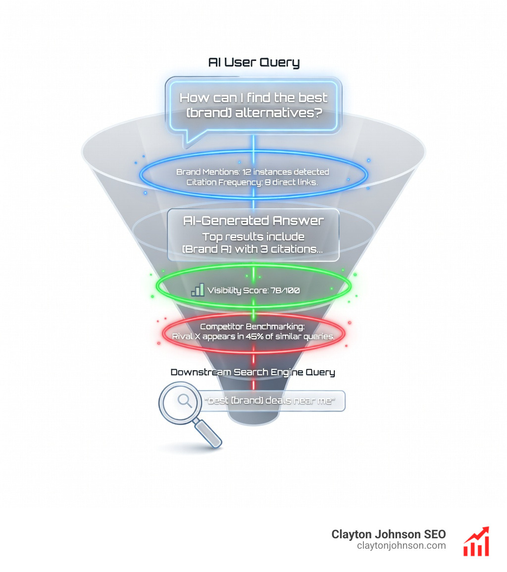 Infographic showing the journey from AI user query to AI-generated answer with brand citations, then to downstream search engine query, with annotations showing where an AI SEO performance tracker monitors brand mentions, citation frequency, visibility score, and competitor benchmarking at each stage of the funnel - ai seo performance tracker infographic 
