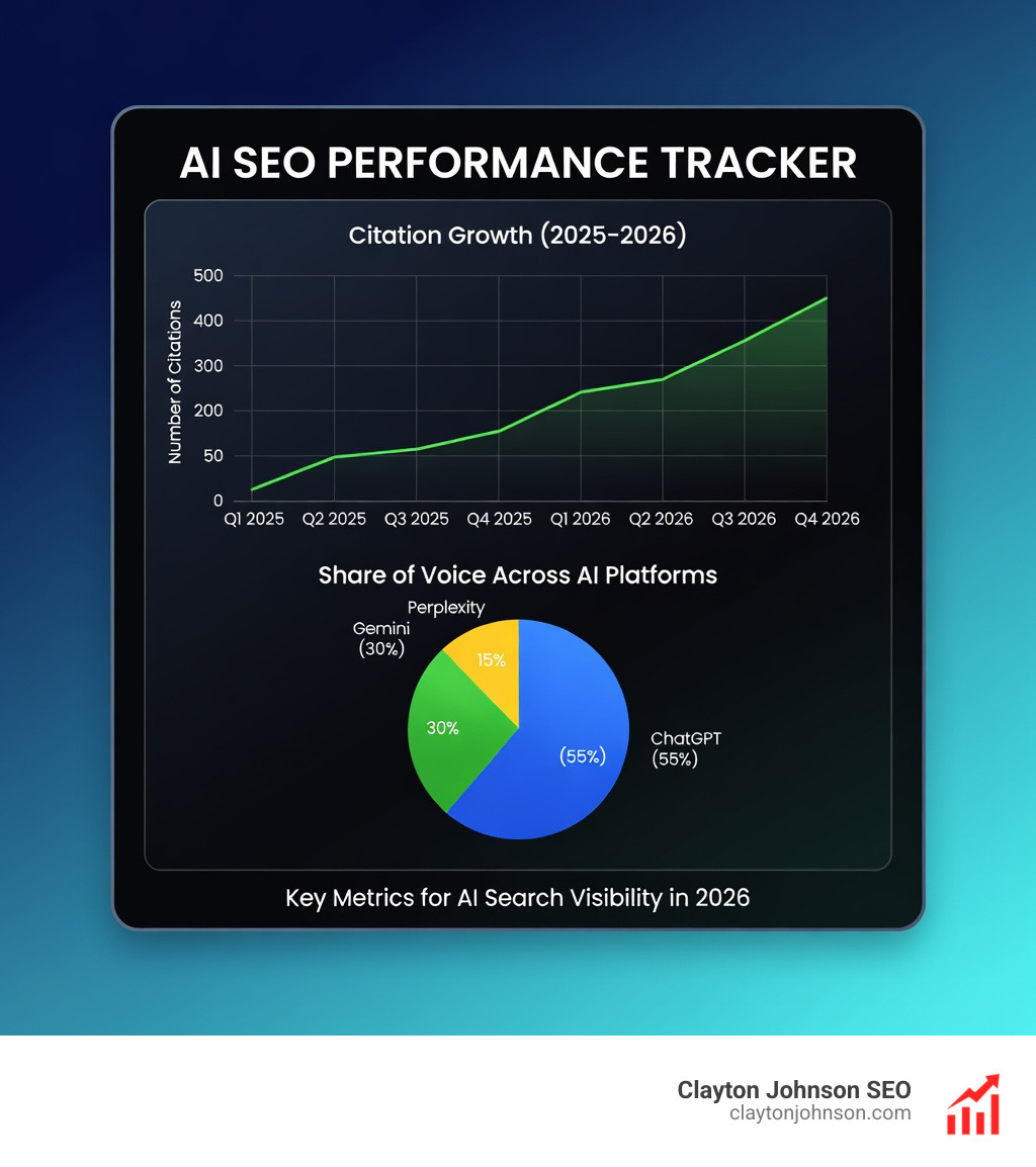 Data dashboard showing a line graph of citation growth over time and a pie chart representing the share of voice across ChatGPT, Gemini, and Perplexity - ai seo performance tracker infographic 