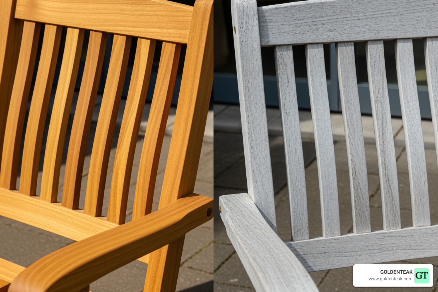 Comparison of new golden teak versus the elegant silver-gray weathered patina - teak slat back chair Comparison of new golden teak versus the elegant silver-gray weathered patina - teak slat back chair