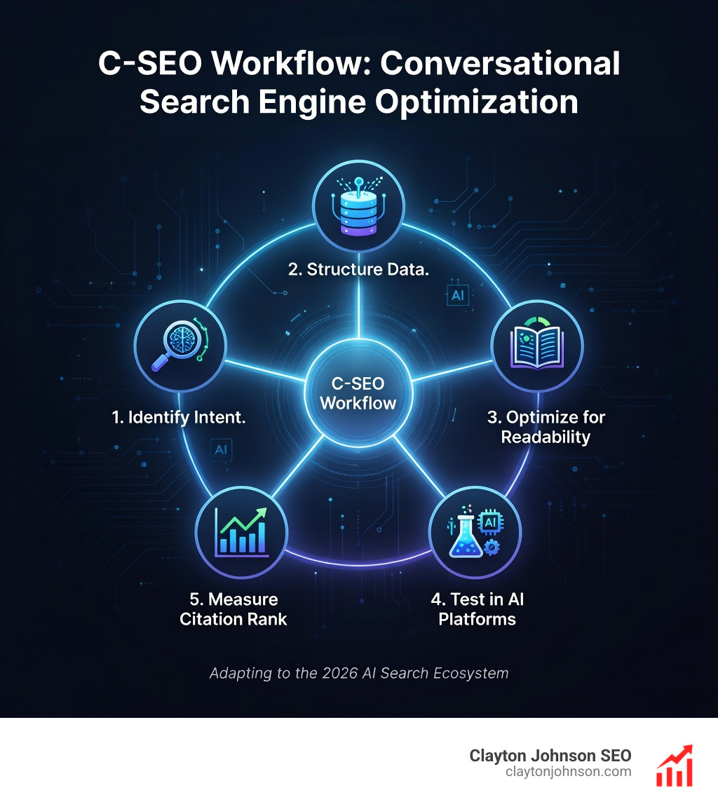Infographic of the C-SEO workflow: 1. Identify intent, 2. Structure data, 3. Optimize for readability, 4. Test in AI platforms, 5. Measure citation rank - model selection SEO optimization infographic 
