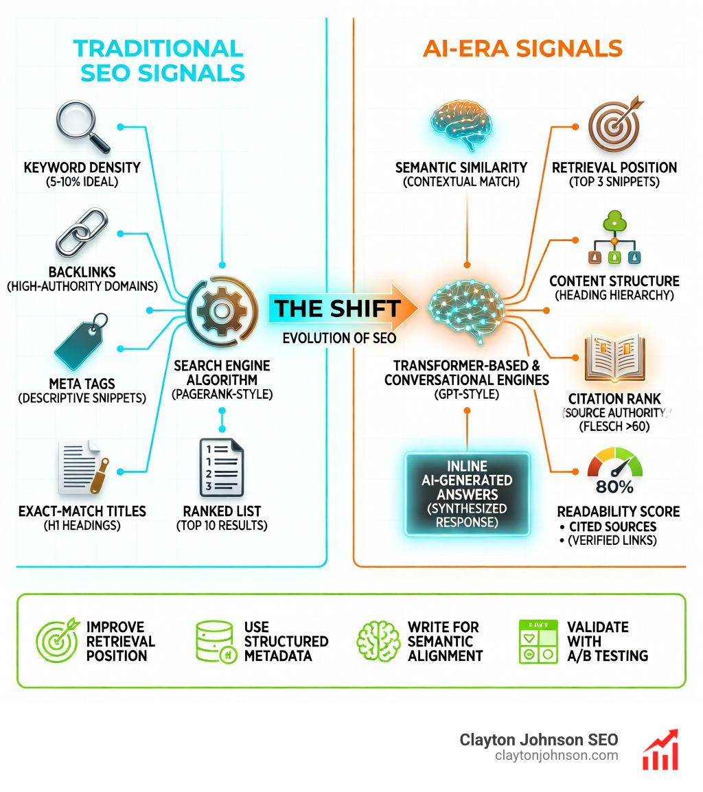 Infographic showing the shift from traditional keyword-based SEO to AI-driven model selection SEO optimization, with two columns: left side shows traditional SEO signals (keyword density, backlinks, meta tags, exact-match titles) feeding into a search engine algorithm producing a ranked list; right side shows AI-era signals (semantic similarity, retrieval position, content structure, citation rank, readability score) feeding into transformer-based and conversational search engines producing inline AI-generated answers with cited sources; an arrow labeled 'The Shift' points from left to right; bottom row lists recommended actions: improve retrieval position, use structured metadata, write for semantic alignment, validate with A/B testing - model selection SEO optimization infographic 