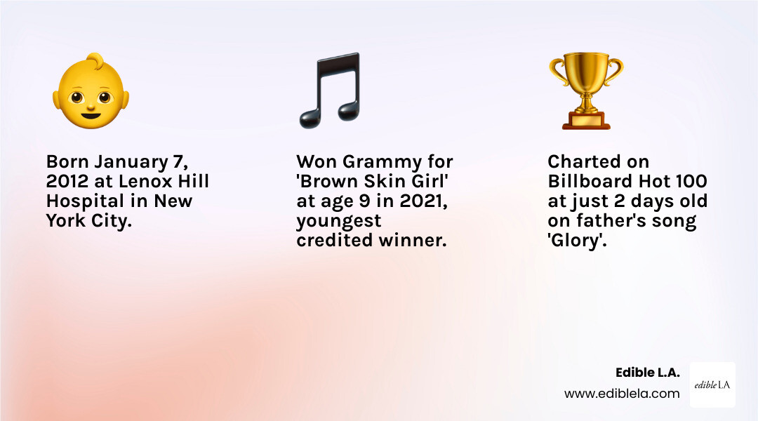 Blue Ivy Carter life timeline infographic from 2012 to 2025 showing key milestones including birth at Lenox Hill Hospital in January 2012, Billboard chart appearance at 2 days old, Grammy win for Brown Skin Girl at age 9 in 2021, Renaissance World Tour dancer debut at age 11 in 2023, and Mufasa Lion King voice role at age 12 in 2024 - how old is blue ivy infographic 3_facts_emoji_light-gradient Blue Ivy Carter life timeline infographic from 2012 to 2025 showing key milestones including birth at Lenox Hill Hospital in January 2012, Billboard chart appearance at 2 days old, Grammy win for Brown Skin Girl at age 9 in 2021, Renaissance World Tour dancer debut at age 11 in 2023, and Mufasa Lion King voice role at age 12 in 2024 - how old is blue ivy infographic 3_facts_emoji_light-gradient