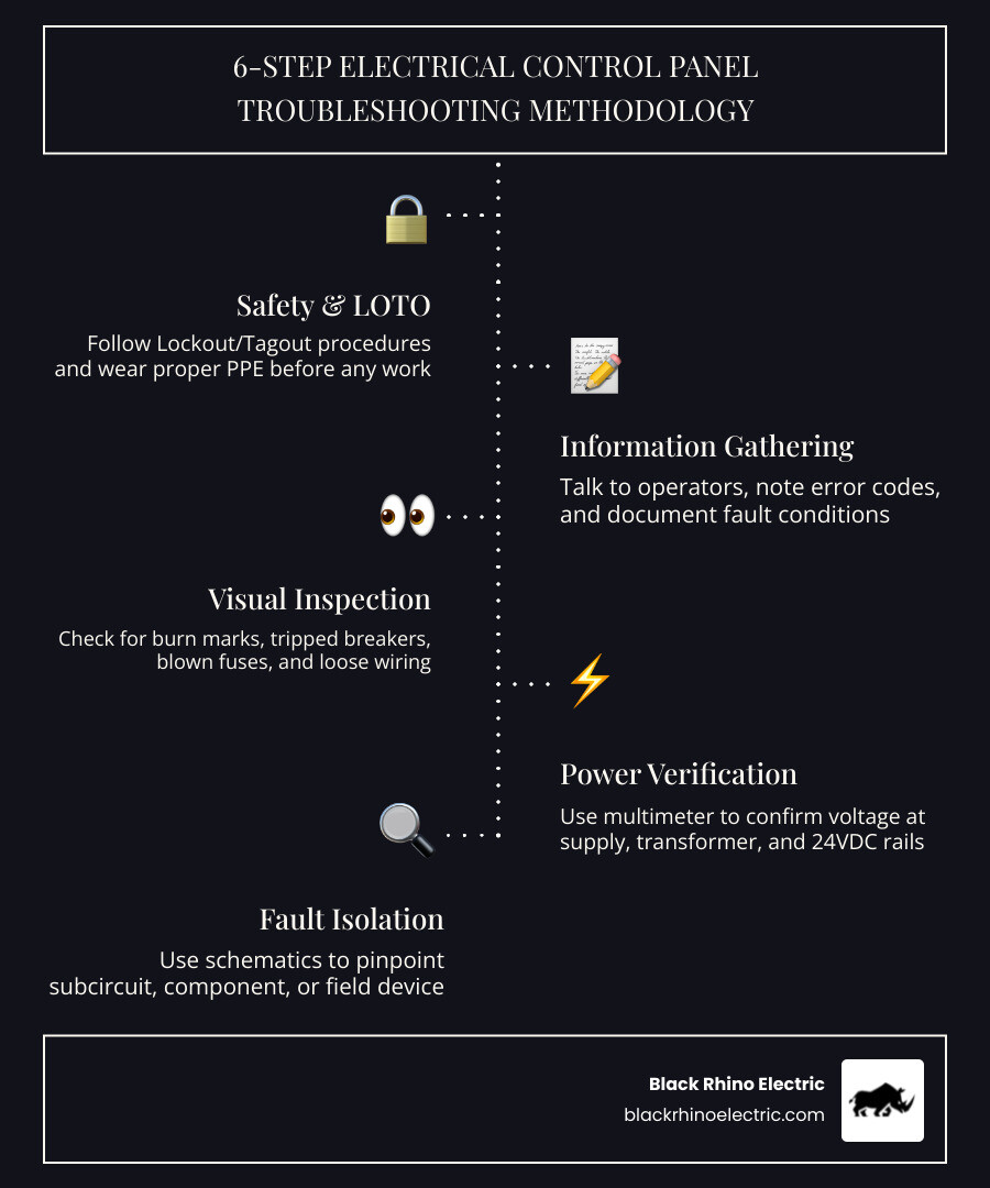 6-step electrical control panel troubleshooting methodology infographic showing: Step 1 Safety and LOTO, Step 2 Information Gathering with operator notes and error codes, Step 3 Visual Inspection for burn marks and blown fuses, Step 4 Power Verification with multimeter readings, Step 5 Fault Isolation using schematics, Step 6 Repair and Full-Cycle Verification, with a note that 80% of faults originate in field devices and wiring not the PLC - electrical control panel troubleshooting infographic infographic-line-5-steps-dark 6-step electrical control panel troubleshooting methodology infographic showing: Step 1 Safety and LOTO, Step 2 Information Gathering with operator notes and error codes, Step 3 Visual Inspection for burn marks and blown fuses, Step 4 Power Verification with multimeter readings, Step 5 Fault Isolation using schematics, Step 6 Repair and Full-Cycle Verification, with a note that 80% of faults originate in field devices and wiring not the PLC - electrical control panel troubleshooting infographic infographic-line-5-steps-dark