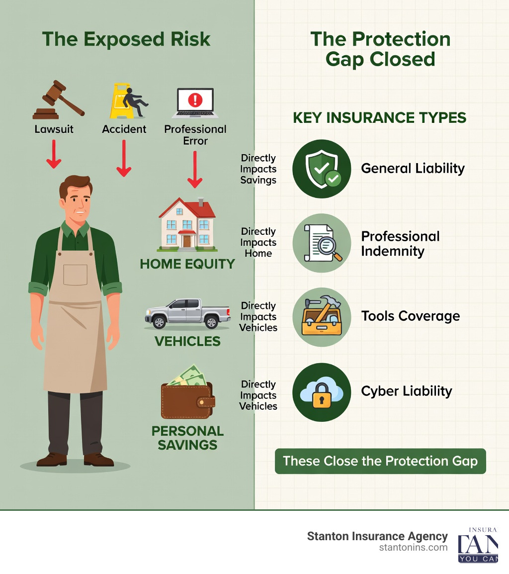 Infographic showing that a sole trader has no legal separation between personal and business assets, with icons illustrating how a lawsuit, accident, or professional error can directly impact personal savings, home equity, and vehicles; contrasted with a checklist of key insurance types including general liability, professional indemnity, tools coverage, and cyber liability that close the protection gap - insurance for sole trader infographic Infographic showing that a sole trader has no legal separation between personal and business assets, with icons illustrating how a lawsuit, accident, or professional error can directly impact personal savings, home equity, and vehicles; contrasted with a checklist of key insurance types including general liability, professional indemnity, tools coverage, and cyber liability that close the protection gap - insurance for sole trader infographic