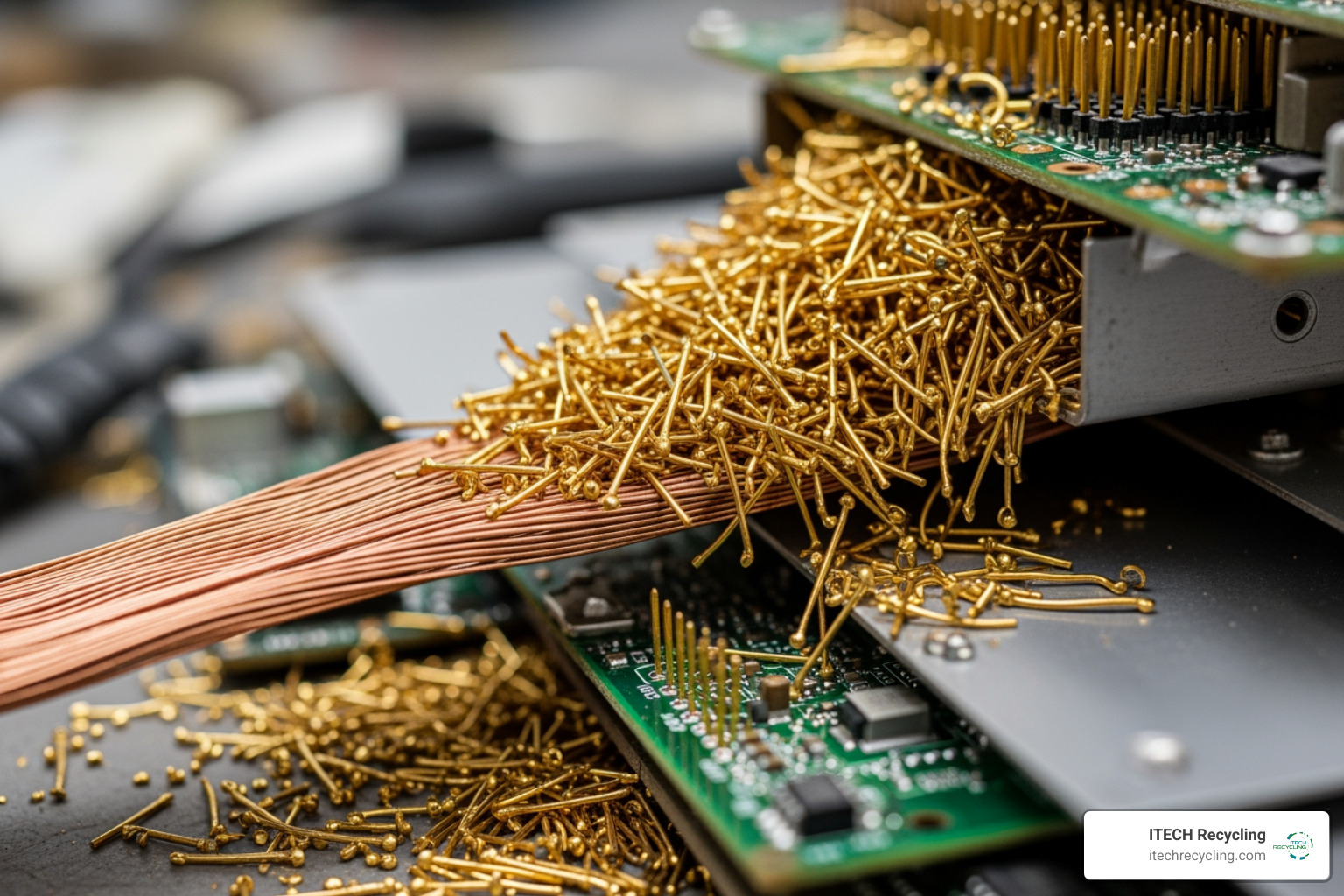 Raw materials like copper, gold, and silver recovered from recycled circuit boards - free it equipment disposal