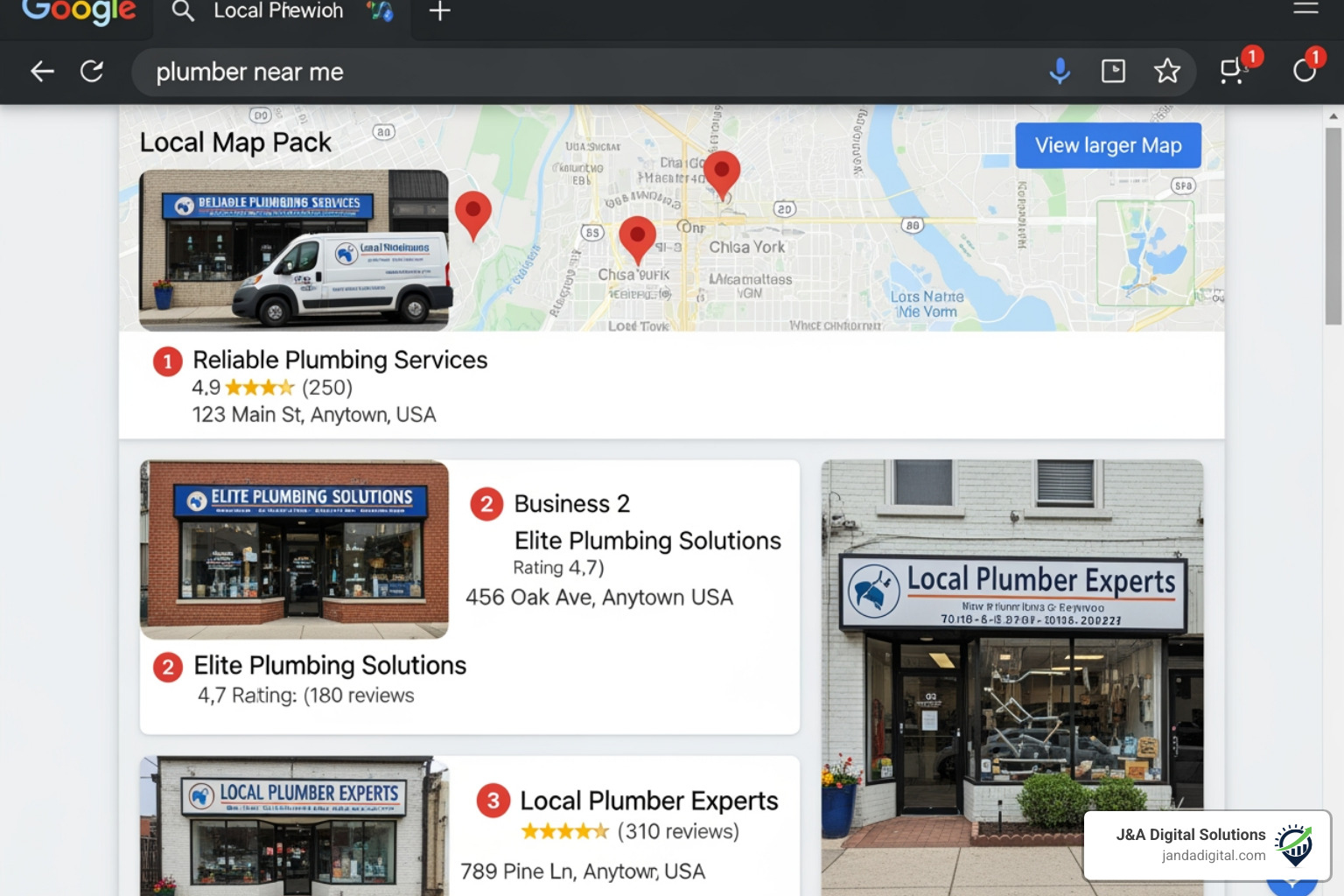 Local map pack showing top three ranked businesses for a local search - how to price local seo services