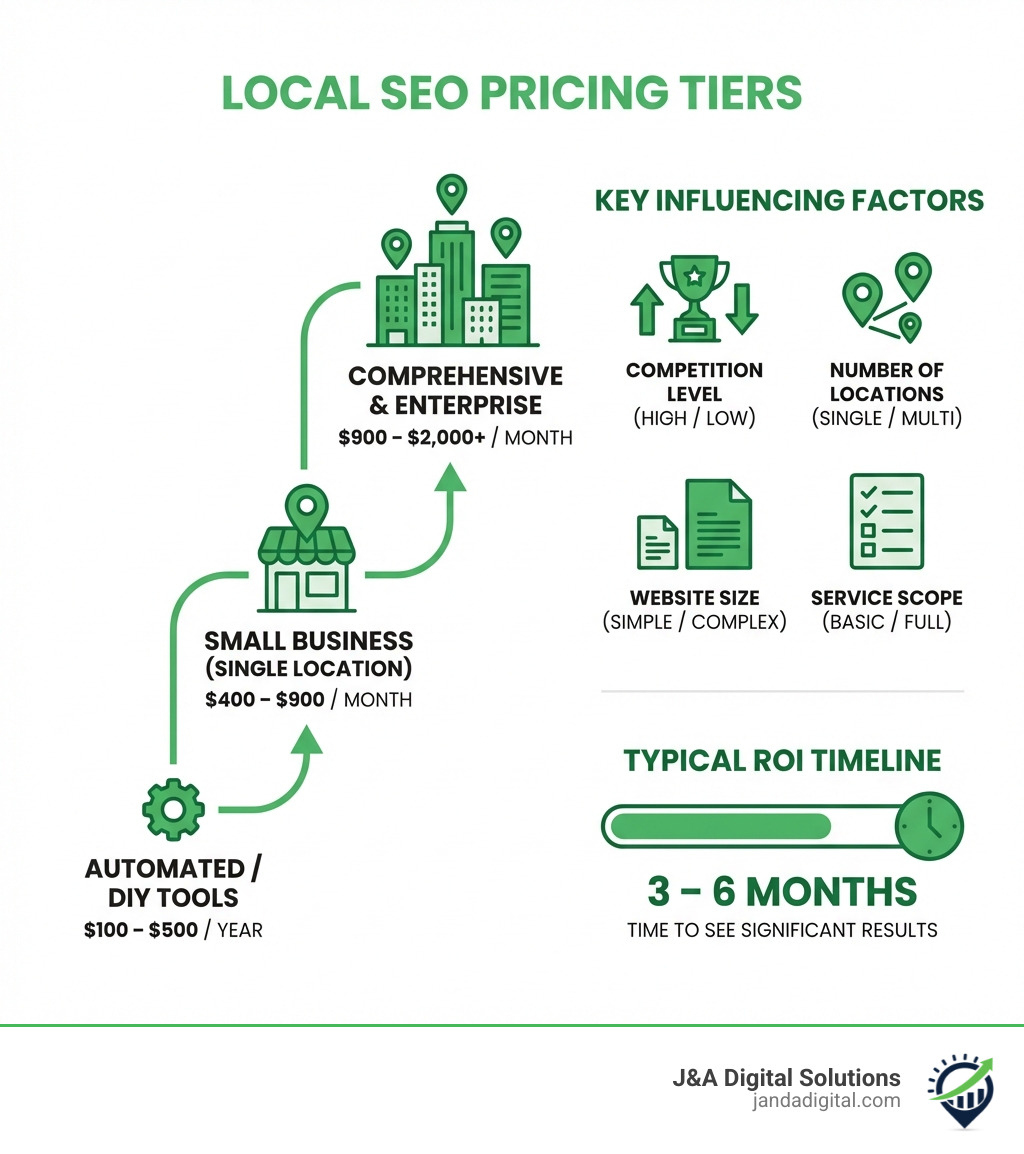 Infographic showing local SEO pricing tiers from $100/year for automated tools up to $2000+/month for enterprise, with key factors that influence cost including competition level, number of locations, website size, and service scope, alongside typical ROI timeline of 3-6 months - how to price local seo services infographic 