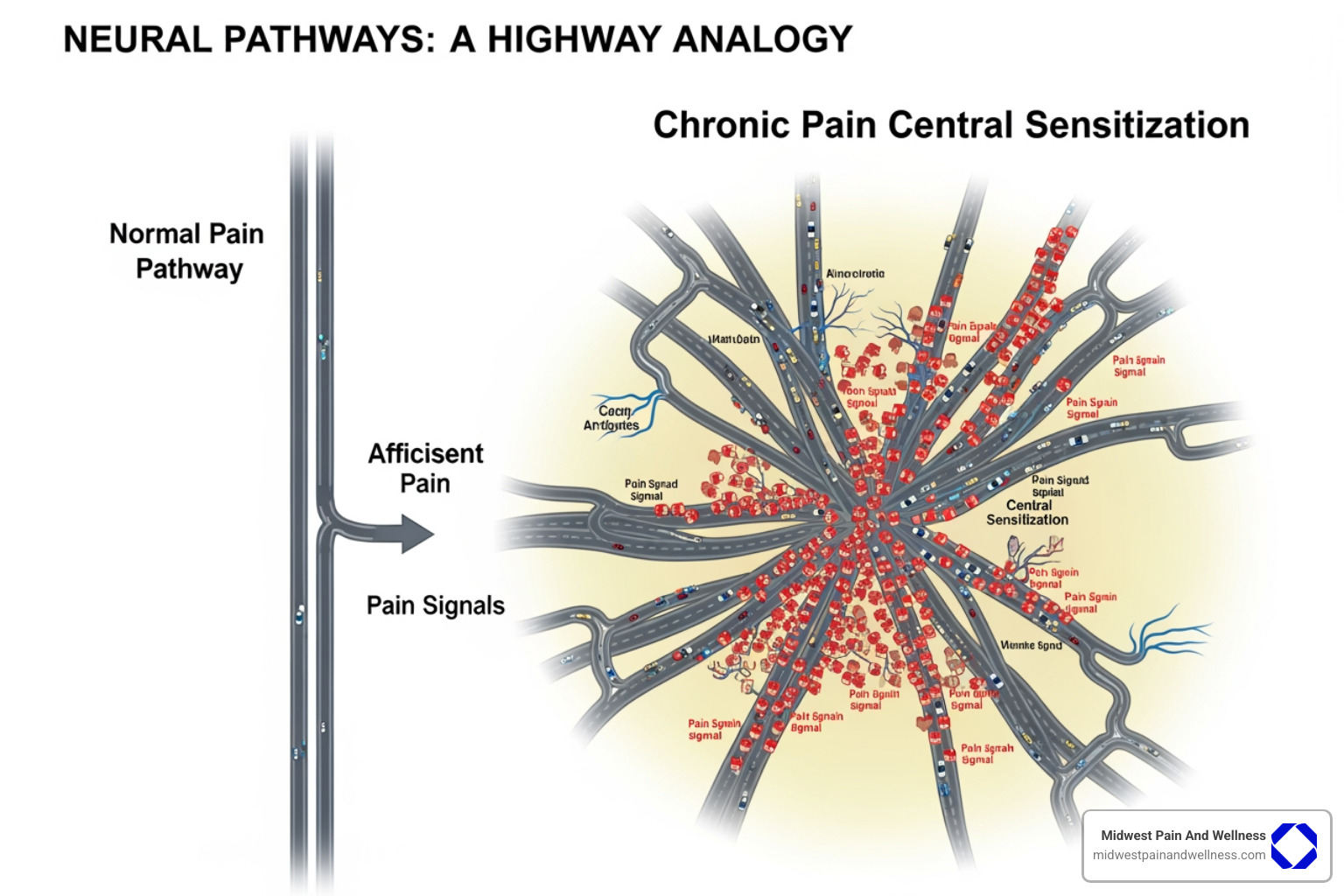 Neural pathways illustrating the highway analogy of central sensitization - How to manage chronic pain? Neural pathways illustrating the highway analogy of central sensitization - How to manage chronic pain?