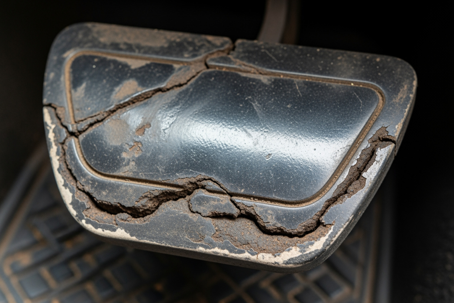 A close-up of a worn-out rubber brake pedal pad showing smooth spots and cracks, indicating years of use and the need for a replacement assembly or pad for safety and grip - Brake pedal assembly