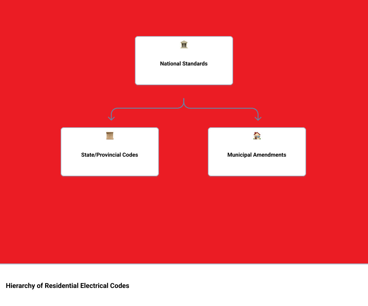 Infographic showing the hierarchy of residential electrical codes: at the top is the National Electrical Code (NEC/NFPA 70) and Canadian Electrical Code (CEC) as national standards, below that are state or provincial codes with local modifications such as Quebec's Chapter V or Colorado's IRC adoption, and at the bottom are municipal or city-level amendments like Denver's local electrical policies — with arrows showing how each level builds on the one above it, and icons for document PDFs at each level with source website labels - residential electrical code pdf infographic hierarchy Infographic showing the hierarchy of residential electrical codes: at the top is the National Electrical Code (NEC/NFPA 70) and Canadian Electrical Code (CEC) as national standards, below that are state or provincial codes with local modifications such as Quebec's Chapter V or Colorado's IRC adoption, and at the bottom are municipal or city-level amendments like Denver's local electrical policies — with arrows showing how each level builds on the one above it, and icons for document PDFs at each level with source website labels - residential electrical code pdf infographic hierarchy