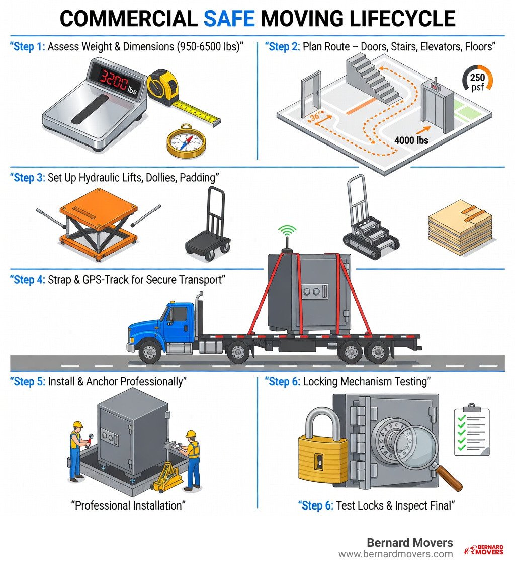 Infographic showing the commercial safe moving lifecycle: Step 1 - Initial assessment of safe weight (950-6500 lbs), dimensions, and site conditions; Step 2 - Route planning including doorways, stairs, elevators, and floor load capacity; Step 3 - Equipment setup with hydraulic lifts, electric dollies, stair climbers, and floor padding; Step 4 - Secure transport with safe strapped upright and GPS-tracked; Step 5 - Professional installation and anchoring at new location; Step 6 - Locking mechanism testing and final inspection - Commercial safe movers infographic Infographic showing the commercial safe moving lifecycle: Step 1 - Initial assessment of safe weight (950-6500 lbs), dimensions, and site conditions; Step 2 - Route planning including doorways, stairs, elevators, and floor load capacity; Step 3 - Equipment setup with hydraulic lifts, electric dollies, stair climbers, and floor padding; Step 4 - Secure transport with safe strapped upright and GPS-tracked; Step 5 - Professional installation and anchoring at new location; Step 6 - Locking mechanism testing and final inspection - Commercial safe movers infographic