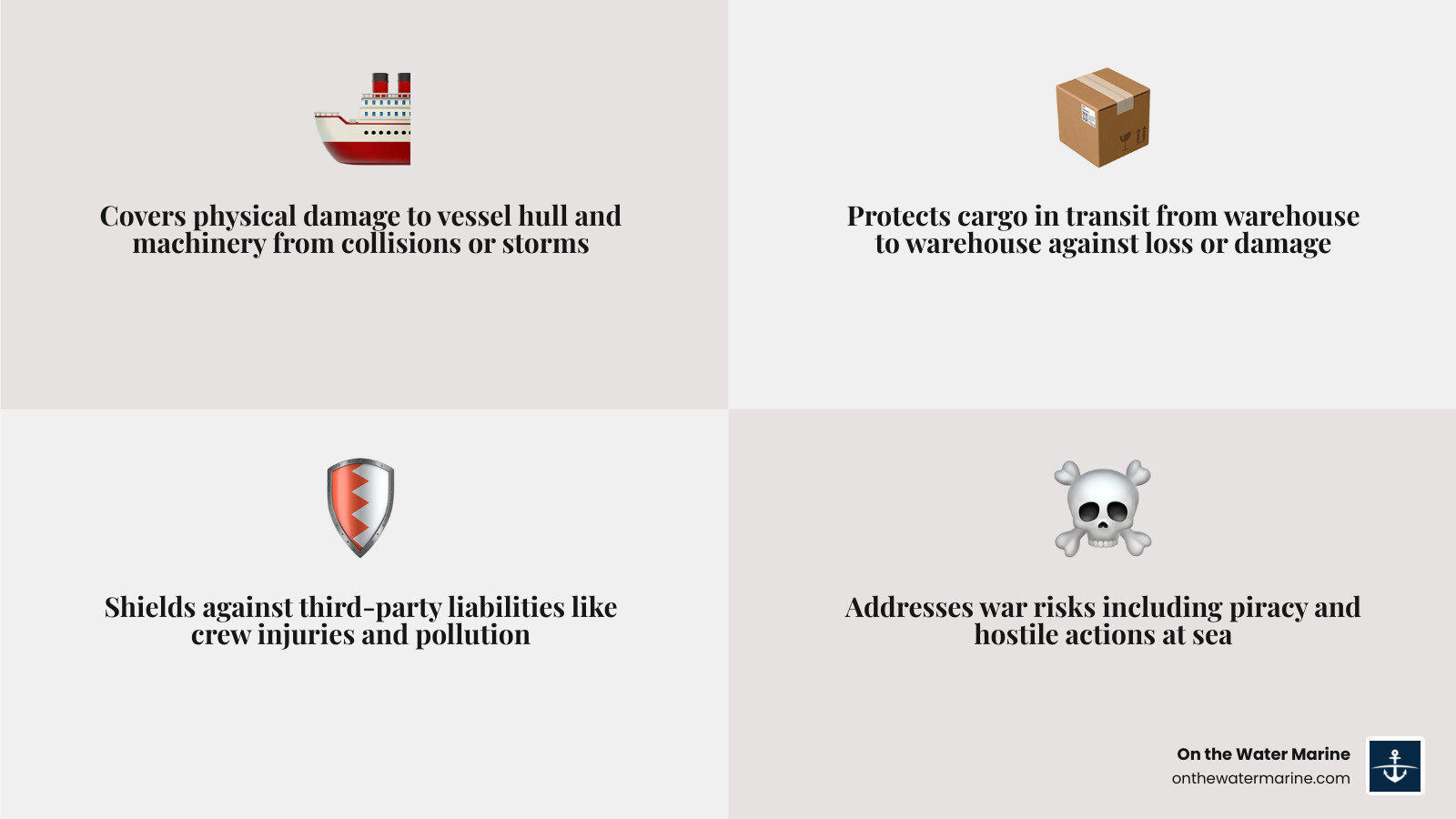 Infographic showing the ecosystem of commercial marine insurance: five coverage pillars (Hull & Machinery, Cargo, P&I, Marine Liability, War Risks) with icons, who needs each type, and key perils covered including collision, cargo loss, crew injury, pollution, and piracy — arranged as a circular diagram around a central "Commercial Marine Insurance" label - commercial marine insurance infographic 4_facts_emoji_grey Infographic showing the ecosystem of commercial marine insurance: five coverage pillars (Hull & Machinery, Cargo, P&I, Marine Liability, War Risks) with icons, who needs each type, and key perils covered including collision, cargo loss, crew injury, pollution, and piracy — arranged as a circular diagram around a central "Commercial Marine Insurance" label - commercial marine insurance infographic 4_facts_emoji_grey