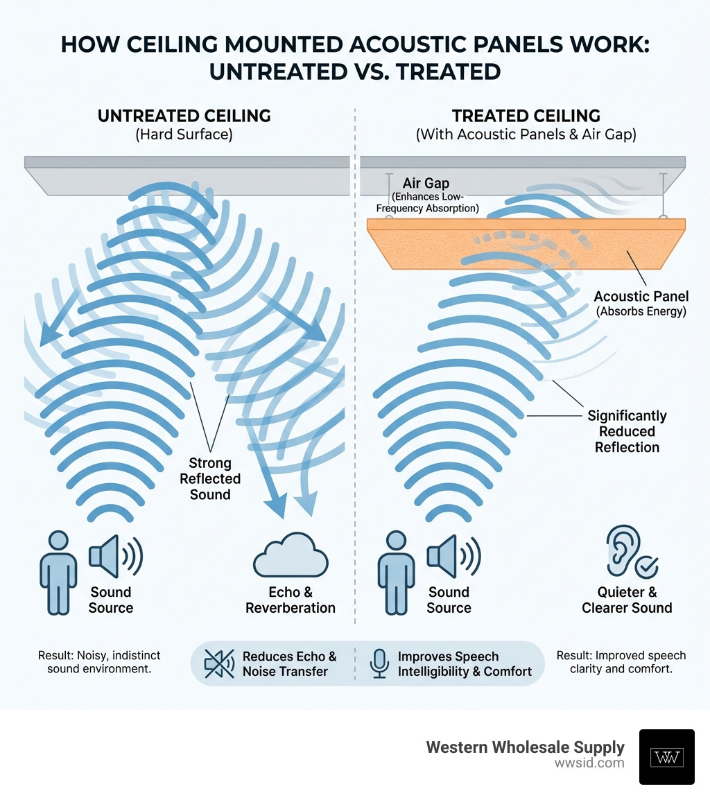 Infographic showing how ceiling mounted acoustic panels work: sound waves travel upward from source, panels absorb energy on impact, air gap between panel and ceiling improves low-frequency absorption, reflected sound is reduced before returning to room level, with side-by-side comparison of treated vs untreated ceiling acoustic behavior - ceiling mounted acoustic panels infographic Infographic showing how ceiling mounted acoustic panels work: sound waves travel upward from source, panels absorb energy on impact, air gap between panel and ceiling improves low-frequency absorption, reflected sound is reduced before returning to room level, with side-by-side comparison of treated vs untreated ceiling acoustic behavior - ceiling mounted acoustic panels infographic