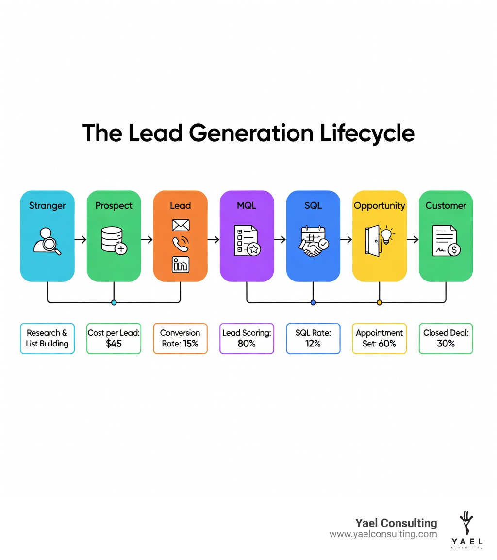 Infographic showing the lead generation lifecycle: Stranger → Prospect (research and list building) → Lead (outreach via email, cold call, LinkedIn) → Marketing Qualified Lead (MQL) → Sales Qualified Lead (SQL) → Opportunity (appointment set) → Customer (closed deal), with key metrics at each stage including cost per lead, conversion rate, and SQL rate - Lead generation specialist infographic Infographic showing the lead generation lifecycle: Stranger → Prospect (research and list building) → Lead (outreach via email, cold call, LinkedIn) → Marketing Qualified Lead (MQL) → Sales Qualified Lead (SQL) → Opportunity (appointment set) → Customer (closed deal), with key metrics at each stage including cost per lead, conversion rate, and SQL rate - Lead generation specialist infographic