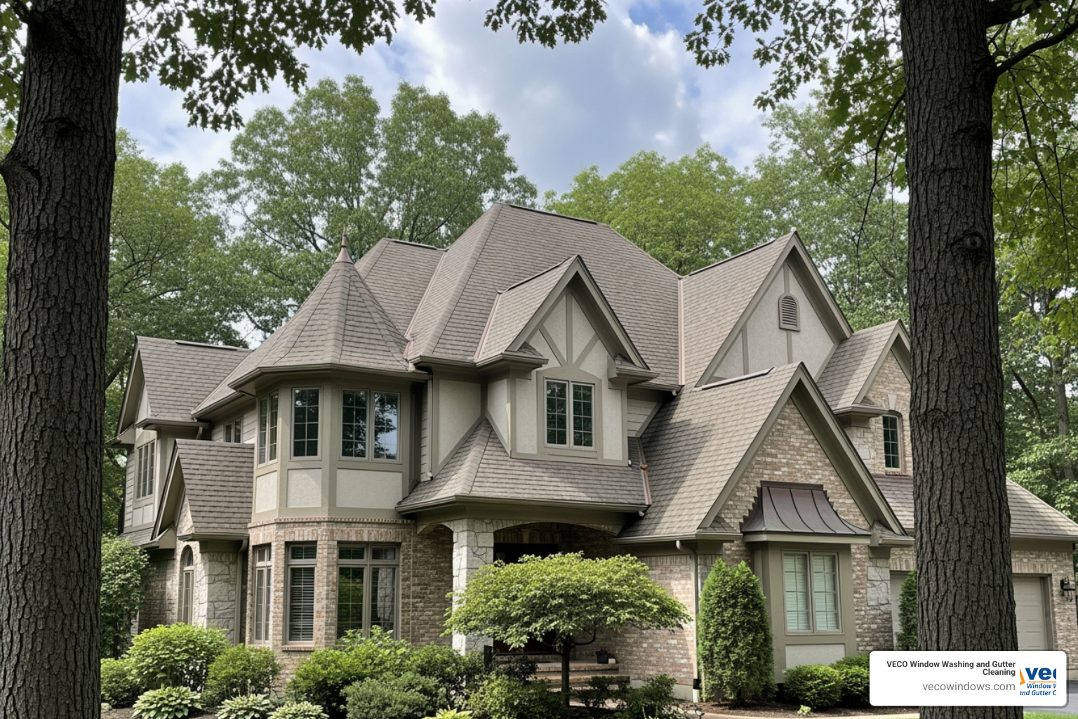 Multi-story home with complex rooflines and mature trees - gutter cleaning estimates Multi-story home with complex rooflines and mature trees - gutter cleaning estimates