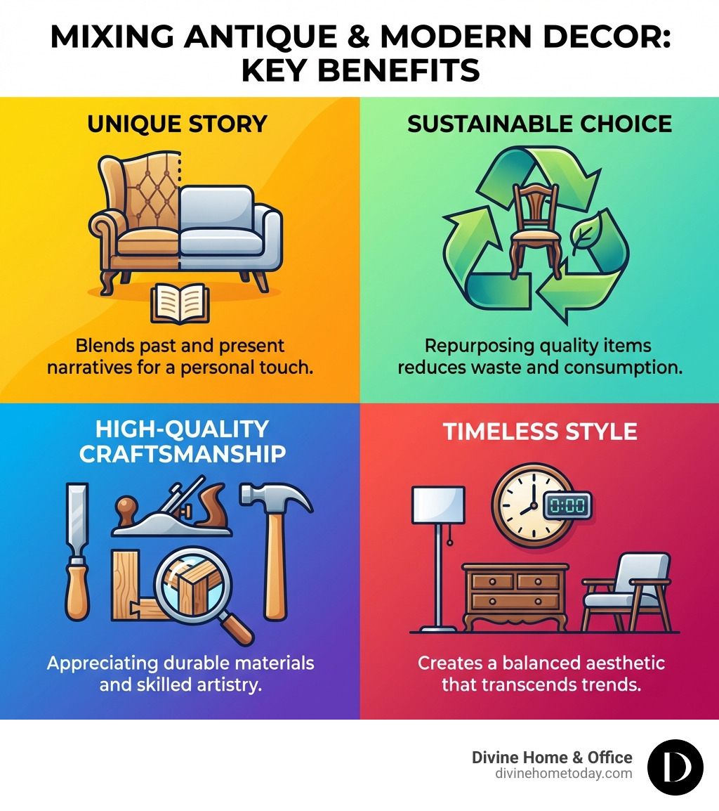 Infographic showing four key benefits of mixing antique and modern decor: a unique story icon with vintage and modern furniture combined, a sustainable choice icon with a recycling symbol and antique chair, a high-quality craftsmanship icon with detailed woodworking tools, and a timeless style icon with a clock and balanced modern-antique room layout - antique and modern decor infographic Infographic showing four key benefits of mixing antique and modern decor: a unique story icon with vintage and modern furniture combined, a sustainable choice icon with a recycling symbol and antique chair, a high-quality craftsmanship icon with detailed woodworking tools, and a timeless style icon with a clock and balanced modern-antique room layout - antique and modern decor infographic