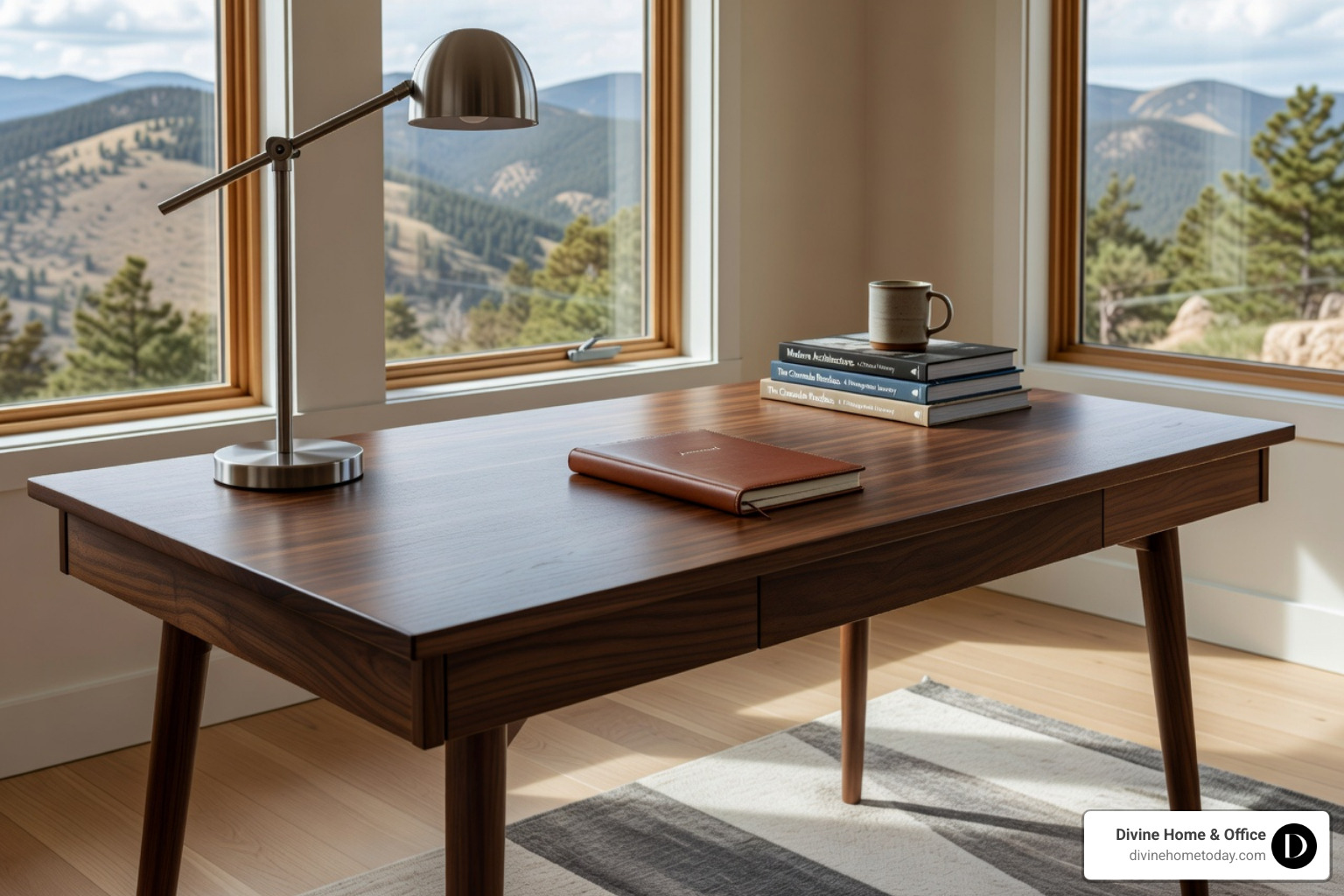 Close-up of a Mid-Century Modern desk in a luxury Colorado home office, showing rich walnut wood grain and elegantly tapered legs, with a minimalist aesthetic and warm natural lighting, no ornate detailing - modern office design Close-up of a Mid-Century Modern desk in a luxury Colorado home office, showing rich walnut wood grain and elegantly tapered legs, with a minimalist aesthetic and warm natural lighting, no ornate detailing - modern office design